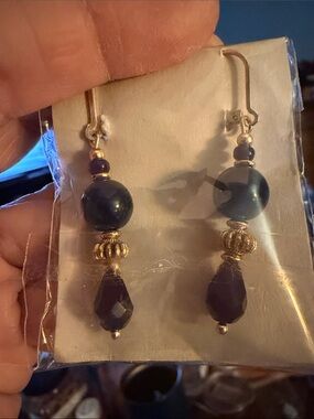 Elegant Czech Blue and Gold Bead Drop Earrings